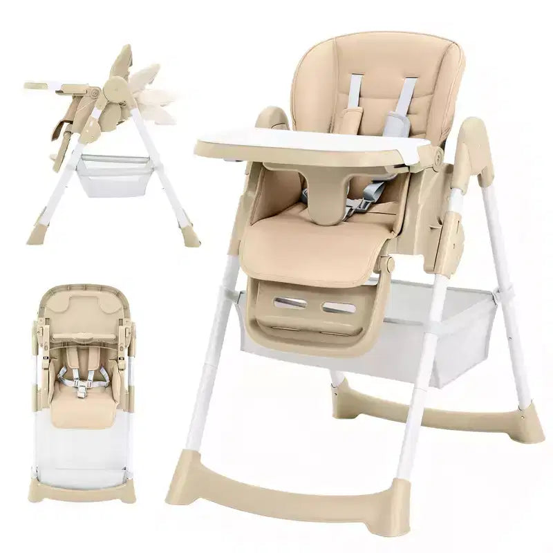 Foldable Baby High Chair, Adjustable Toddler Chair with Removable Tray, 5-Point Harness & Locking Wheels for Dining Feeding Play