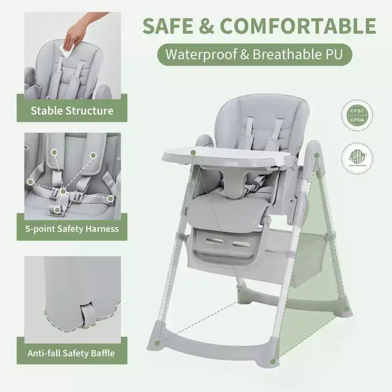 Foldable Baby High Chair, Adjustable Toddler Chair with Removable Tray, 5-Point Harness & Locking Wheels for Dining Feeding Play