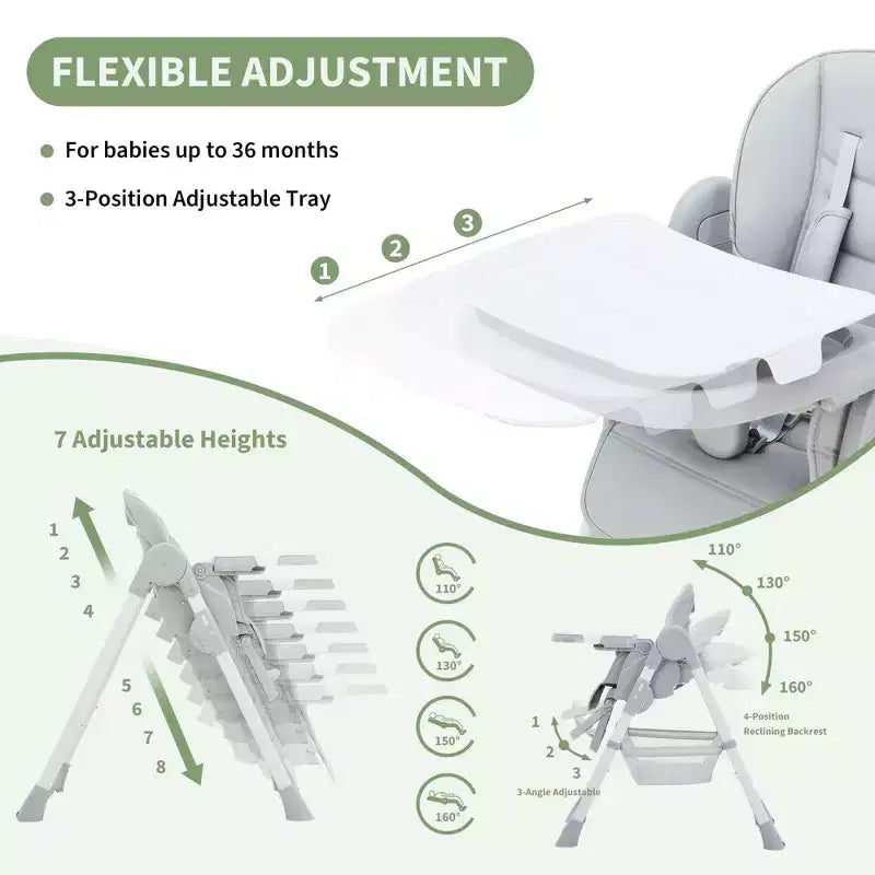 Foldable Baby High Chair, Adjustable Toddler Chair with Removable Tray, 5-Point Harness & Locking Wheels for Dining Feeding Play