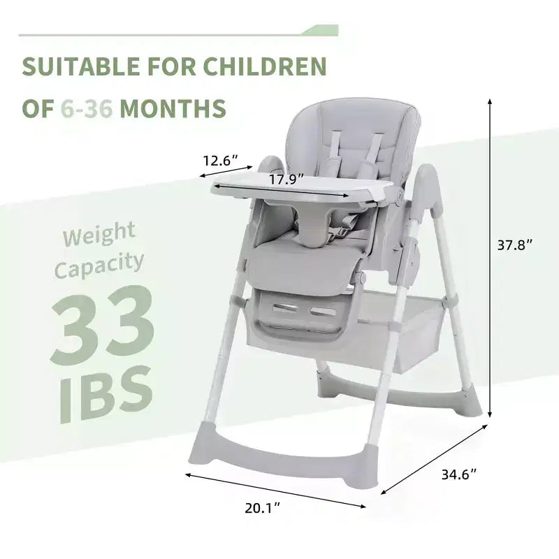 Foldable Baby High Chair, Adjustable Toddler Chair with Removable Tray, 5-Point Harness & Locking Wheels for Dining Feeding Play
