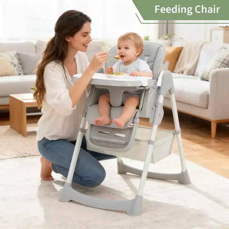 Foldable Baby High Chair, Adjustable Toddler Chair with Removable Tray, 5-Point Harness & Locking Wheels for Dining Feeding Play