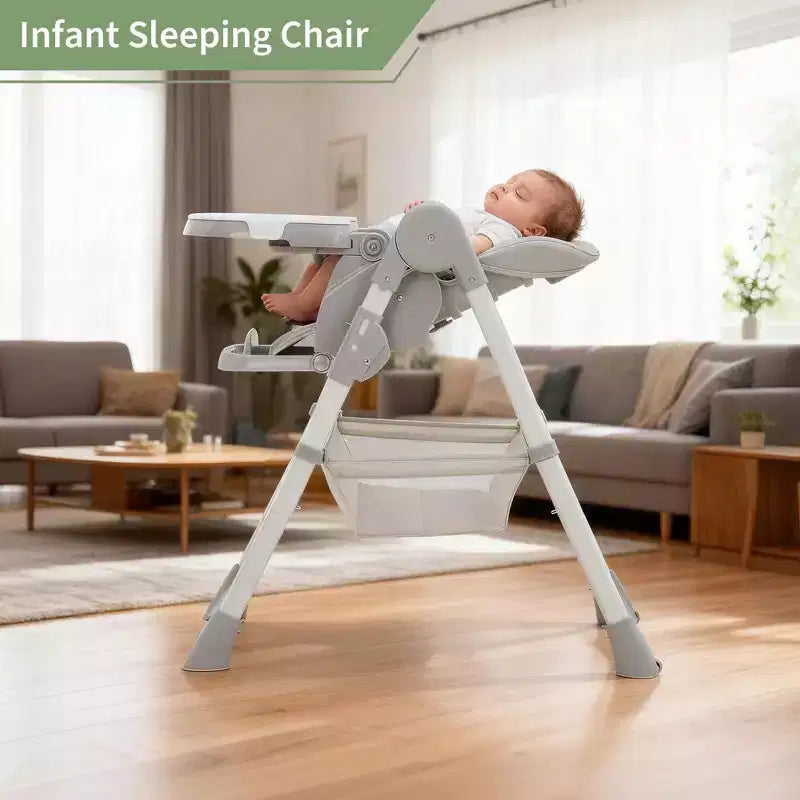 Foldable Baby High Chair, Adjustable Toddler Chair with Removable Tray, 5-Point Harness & Locking Wheels for Dining Feeding Play