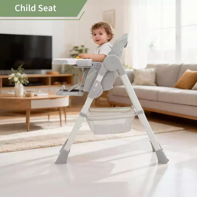 Foldable Baby High Chair, Adjustable Toddler Chair with Removable Tray, 5-Point Harness & Locking Wheels for Dining Feeding Play