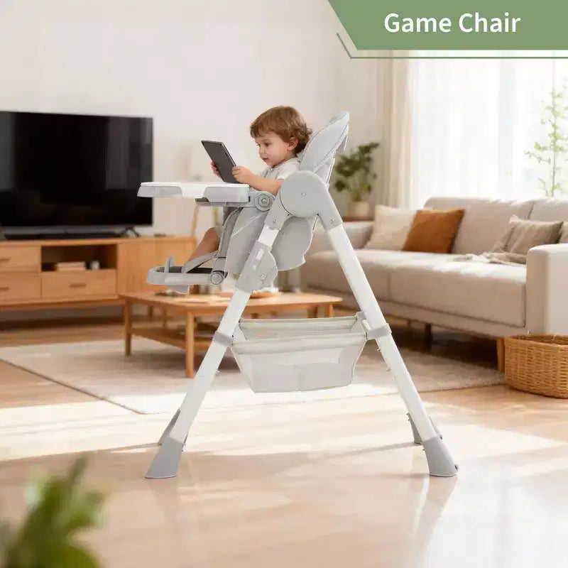 Foldable Baby High Chair, Adjustable Toddler Chair with Removable Tray, 5-Point Harness & Locking Wheels for Dining Feeding Play