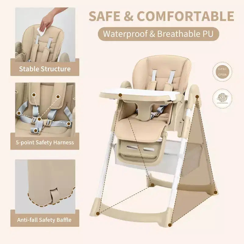 Foldable Baby High Chair, Adjustable Toddler Chair with Removable Tray, 5-Point Harness & Locking Wheels for Dining Feeding Play