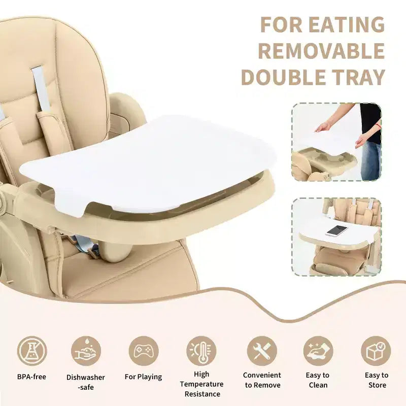 Foldable Baby High Chair, Adjustable Toddler Chair with Removable Tray, 5-Point Harness & Locking Wheels for Dining Feeding Play