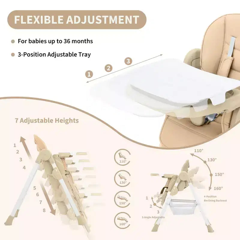Foldable Baby High Chair, Adjustable Toddler Chair with Removable Tray, 5-Point Harness & Locking Wheels for Dining Feeding Play