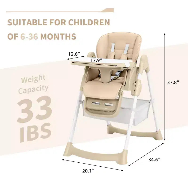 Foldable Baby High Chair, Adjustable Toddler Chair with Removable Tray, 5-Point Harness & Locking Wheels for Dining Feeding Play