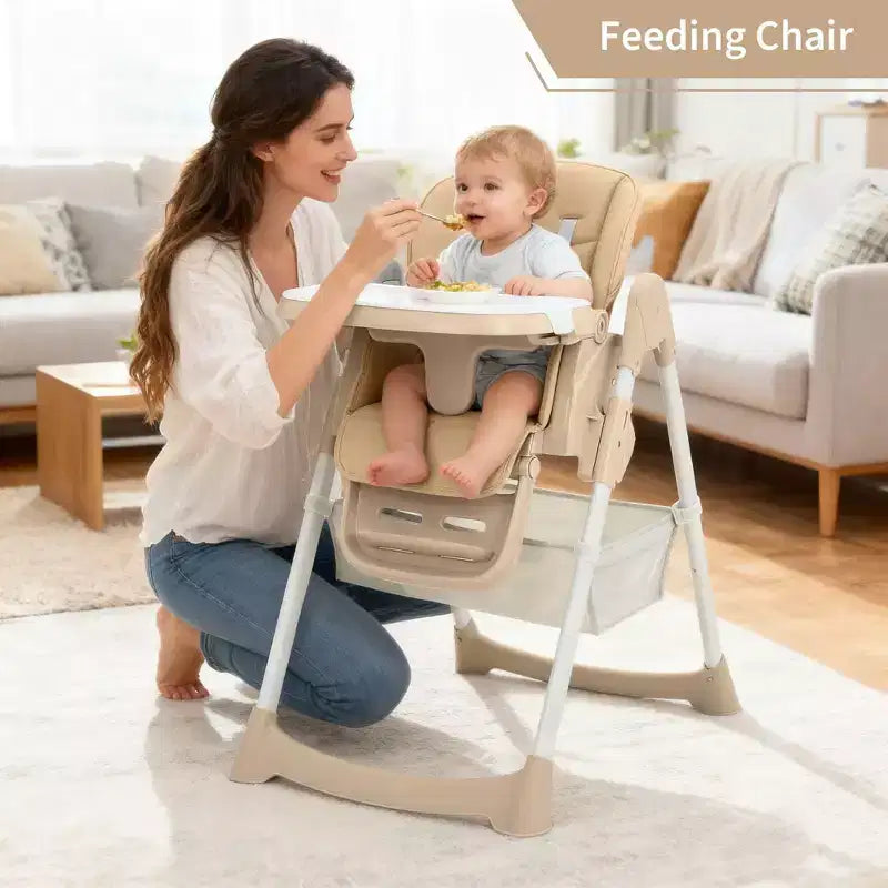 Foldable Baby High Chair, Adjustable Toddler Chair with Removable Tray, 5-Point Harness & Locking Wheels for Dining Feeding Play