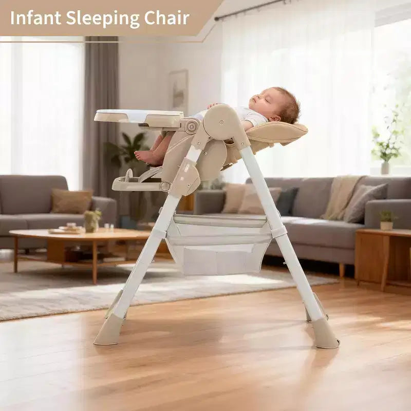 Foldable Baby High Chair, Adjustable Toddler Chair with Removable Tray, 5-Point Harness & Locking Wheels for Dining Feeding Play