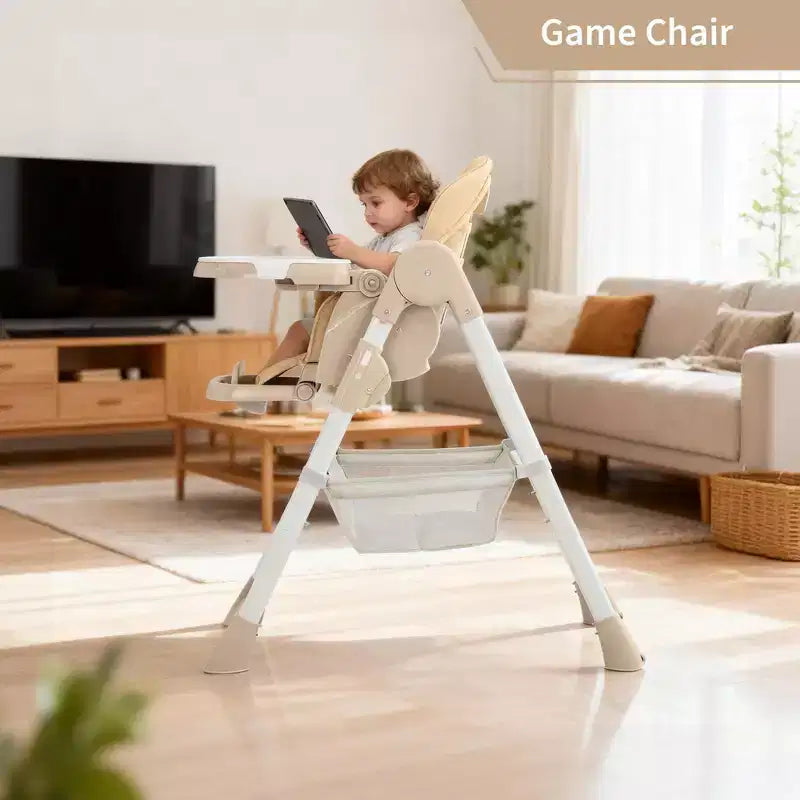 Foldable Baby High Chair, Adjustable Toddler Chair with Removable Tray, 5-Point Harness & Locking Wheels for Dining Feeding Play