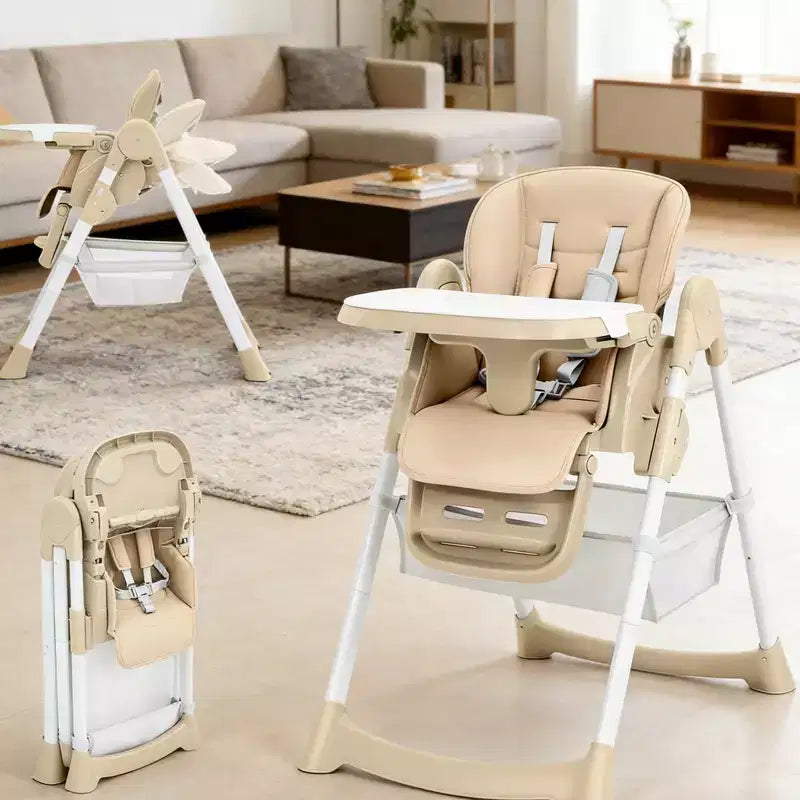 Foldable Baby High Chair, Adjustable Toddler Chair with Removable Tray, 5-Point Harness & Locking Wheels for Dining Feeding Play