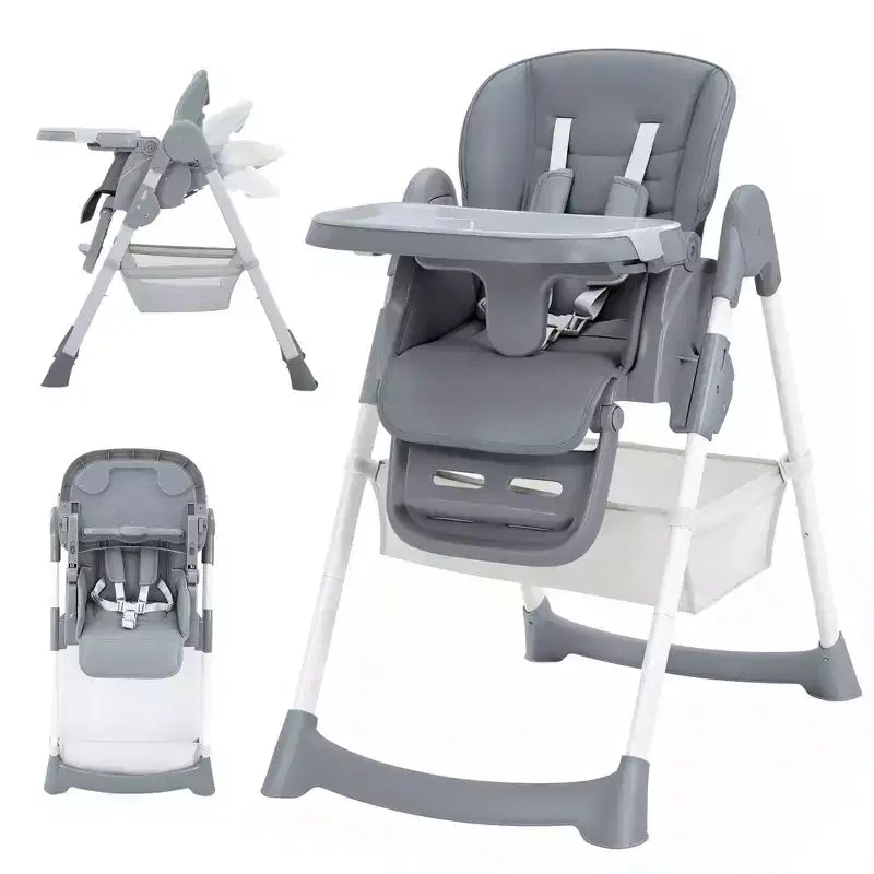 Foldable Baby High Chair, Adjustable Toddler Chair with Removable Tray, 5-Point Harness & Locking Wheels for Dining Feeding Play
