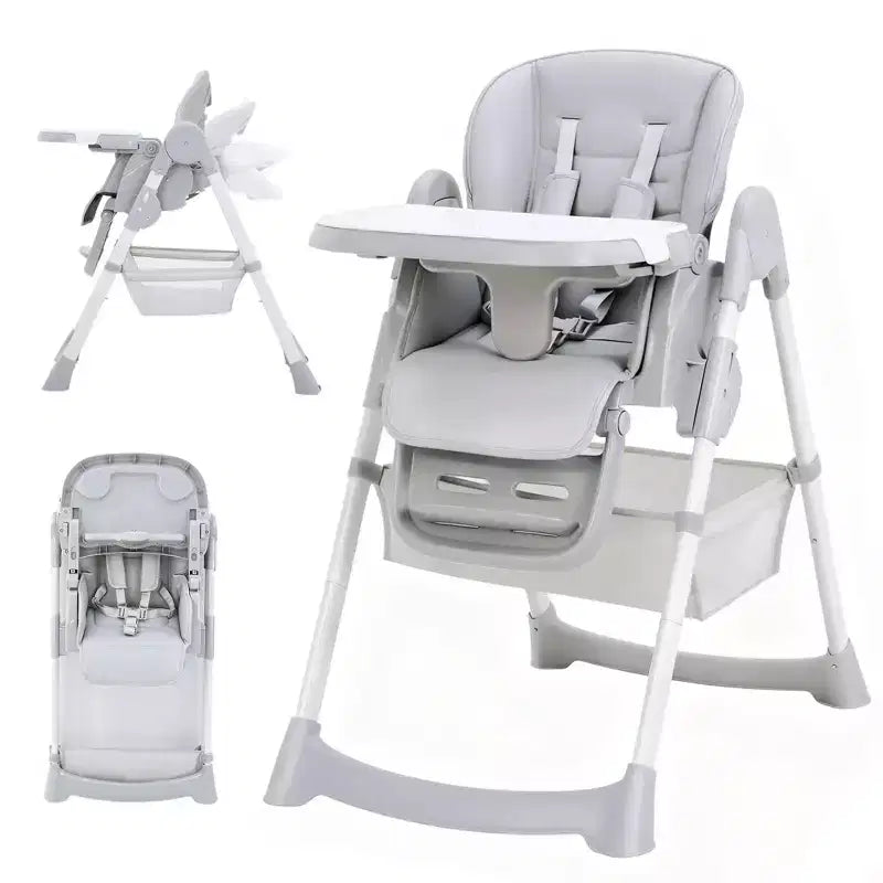 Foldable Baby High Chair, Adjustable Toddler Chair with Removable Tray, 5-Point Harness & Locking Wheels for Dining Feeding Play