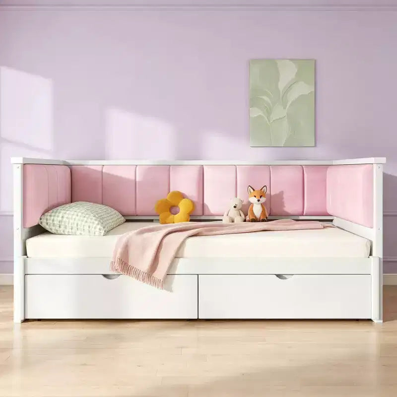 Luxystar Twin XL to King Size Daybed with 2 Drawers and Upholstered Backrest, White+Pink