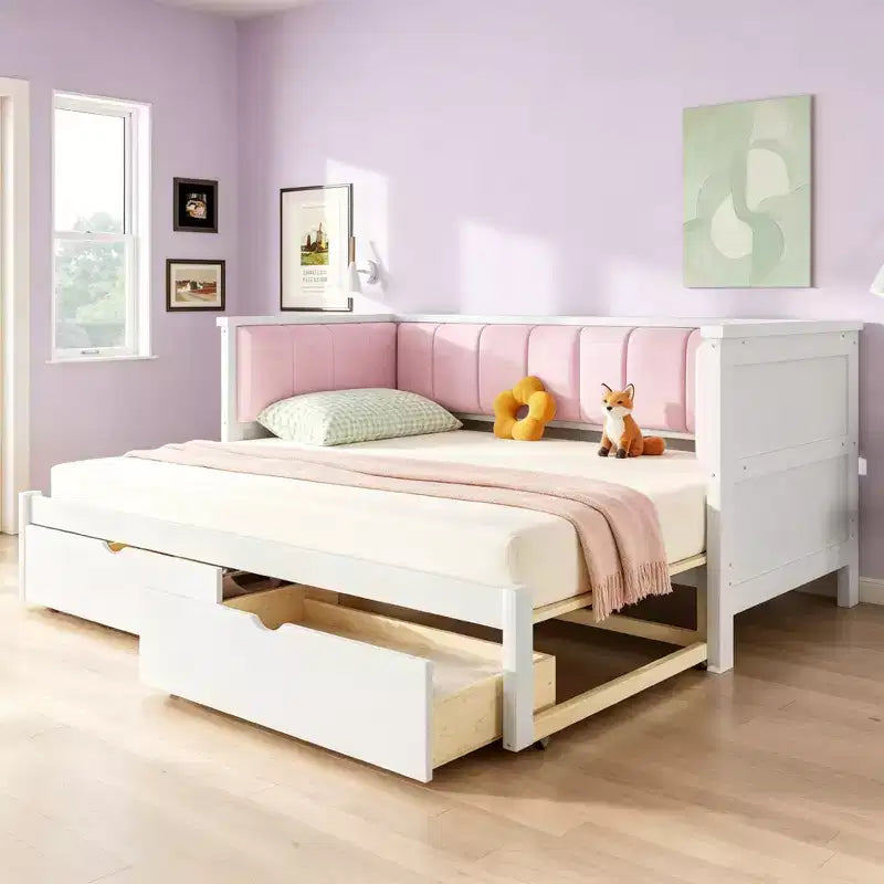 Twin XL to King Size Daybed with 2 Drawers and Upholstered Backrest, White+Pink