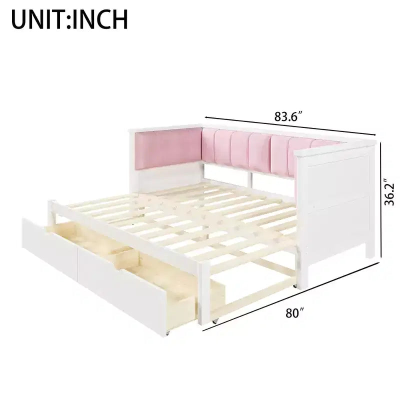 Twin XL to King Size Daybed with 2 Drawers and Upholstered Backrest, White+Pink