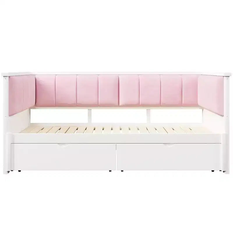 Twin XL to King Size Daybed with 2 Drawers and Upholstered Backrest, White+Pink