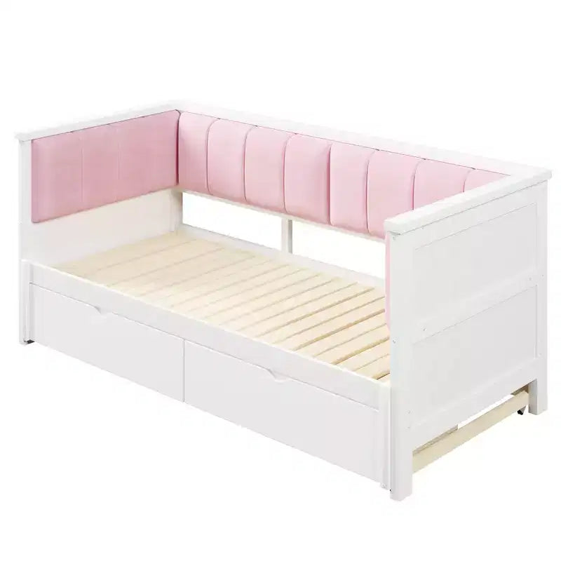 Twin XL to King Size Daybed with 2 Drawers and Upholstered Backrest, White+Pink
