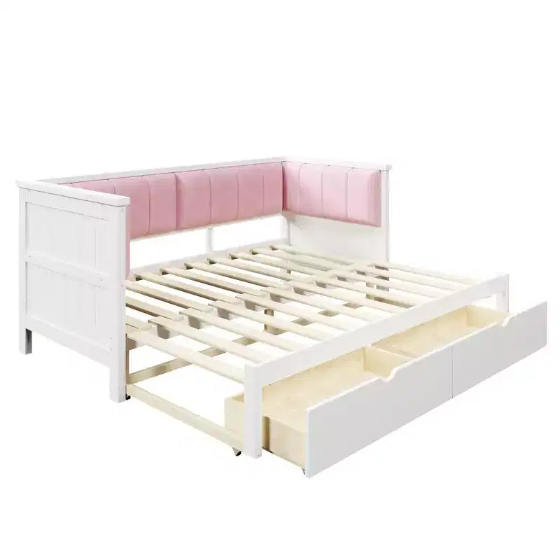 Twin XL to King Size Daybed with 2 Drawers and Upholstered Backrest, White+Pink