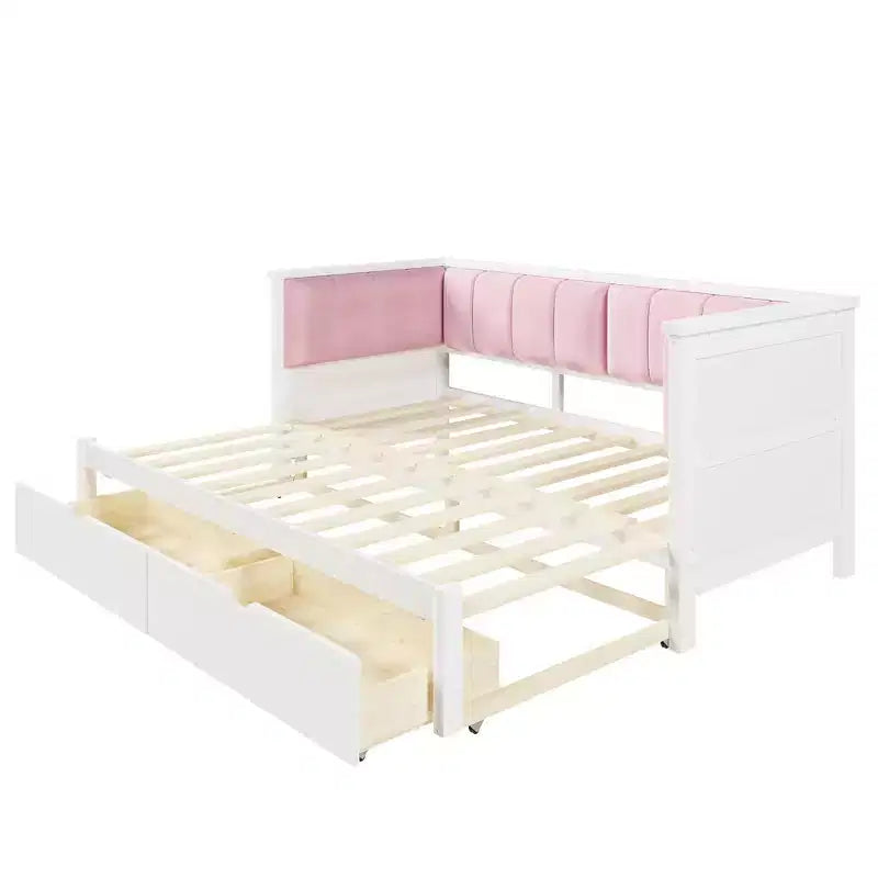 Twin XL to King Size Daybed with 2 Drawers and Upholstered Backrest, White+Pink
