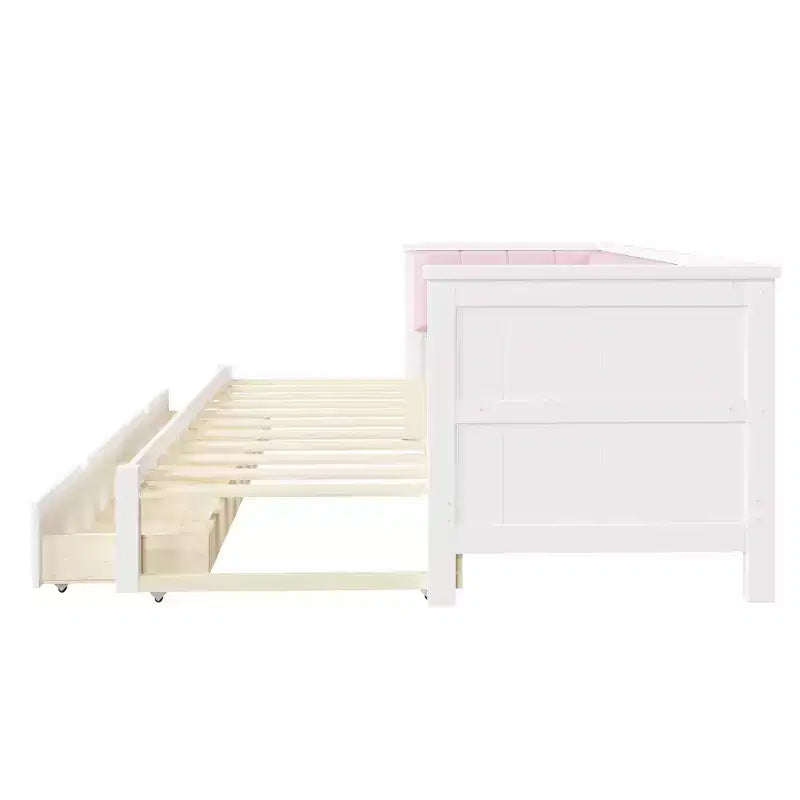 Twin XL to King Size Daybed with 2 Drawers and Upholstered Backrest, White+Pink