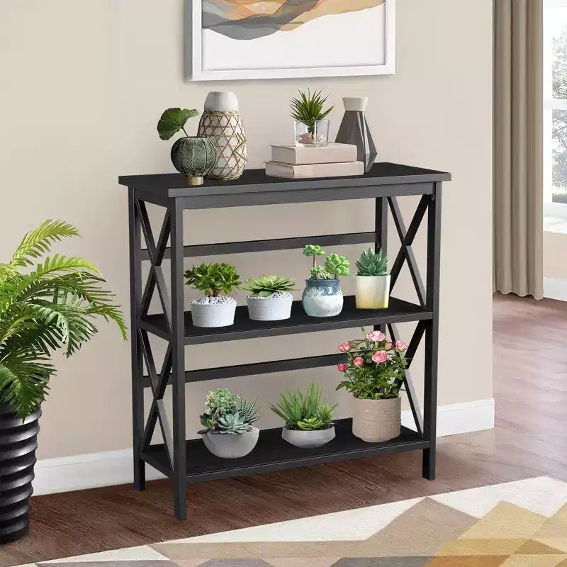 Wooden Shelf Bookcase 3-Tier Open Bookshelf W/X-Design Freestanding Rack BlackBrownNaturalWhite