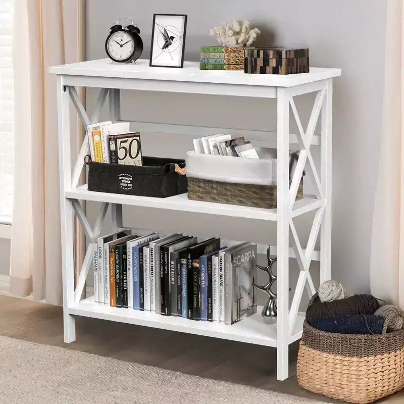 Wooden Shelf Bookcase 3-Tier Open Bookshelf W/X-Design Freestanding Rack BlackBrownNaturalWhite