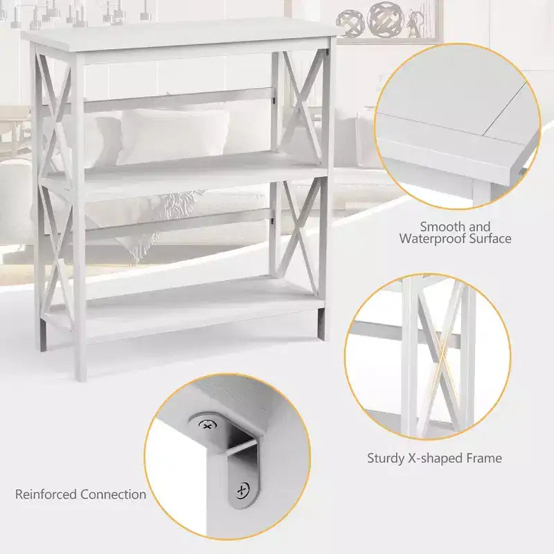 Wooden Shelf Bookcase 3-Tier Open Bookshelf W/X-Design Freestanding Rack BlackBrownNaturalWhite