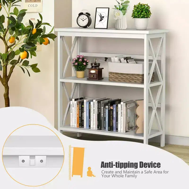 Wooden Shelf Bookcase 3-Tier Open Bookshelf W/X-Design Freestanding Rack BlackBrownNaturalWhite