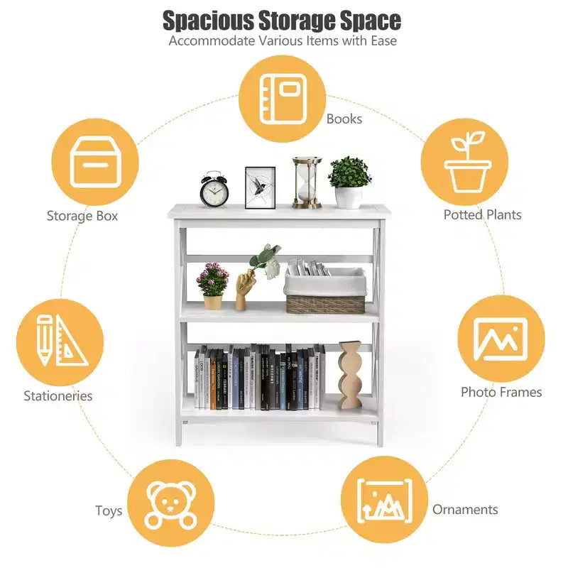 Wooden Shelf Bookcase 3-Tier Open Bookshelf W/X-Design Freestanding Rack BlackBrownNaturalWhite