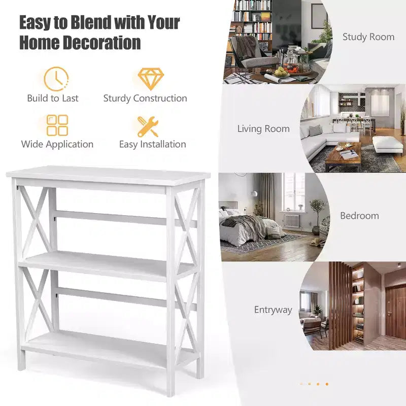 Wooden Shelf Bookcase 3-Tier Open Bookshelf W/X-Design Freestanding Rack BlackBrownNaturalWhite