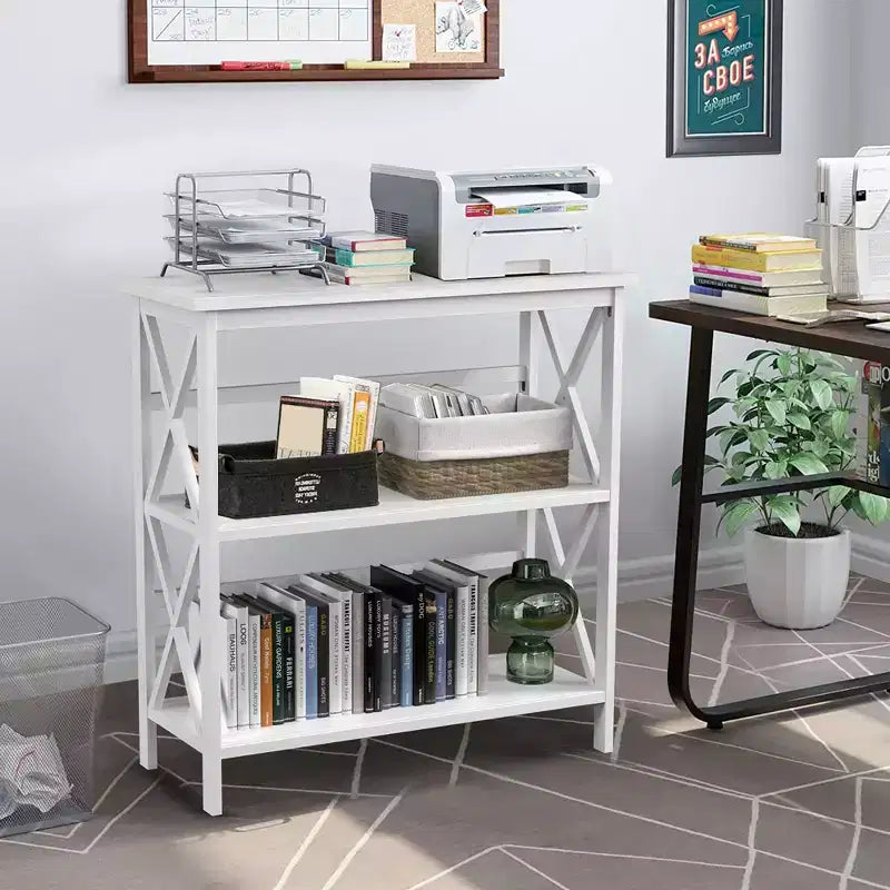 Wooden Shelf Bookcase 3-Tier Open Bookshelf W/X-Design Freestanding Rack BlackBrownNaturalWhite