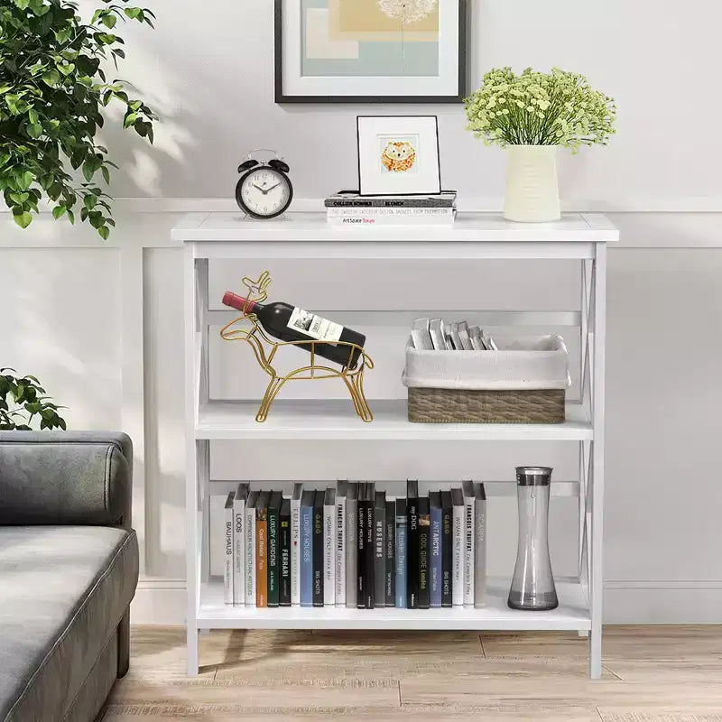 Wooden Shelf Bookcase 3-Tier Open Bookshelf W/X-Design Freestanding Rack BlackBrownNaturalWhite