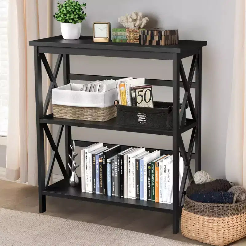 Wooden Shelf Bookcase 3-Tier Open Bookshelf W/X-Design Freestanding Rack BlackBrownNaturalWhite