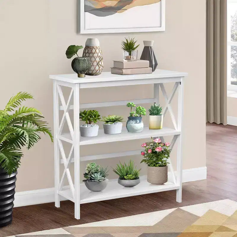 Wooden Shelf Bookcase 3-Tier Open Bookshelf W/X-Design Freestanding Rack BlackBrownNaturalWhite