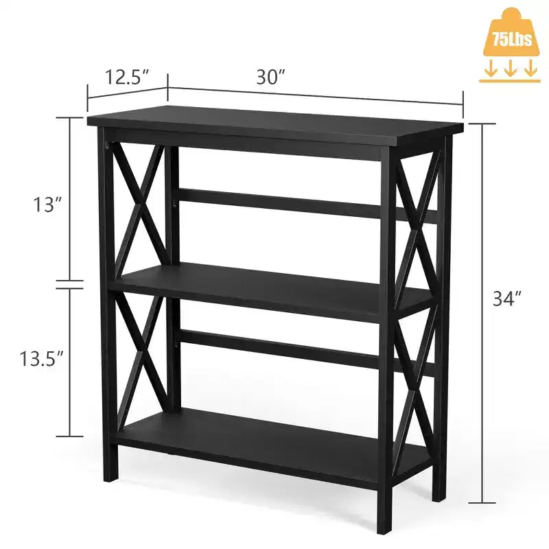 Wooden Shelf Bookcase 3-Tier Open Bookshelf W/X-Design Freestanding Rack BlackBrownNaturalWhite