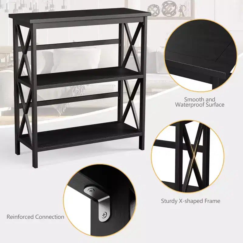 Wooden Shelf Bookcase 3-Tier Open Bookshelf W/X-Design Freestanding Rack BlackBrownNaturalWhite