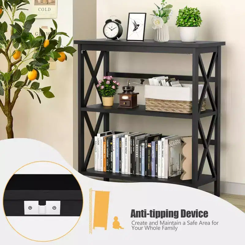 Wooden Shelf Bookcase 3-Tier Open Bookshelf W/X-Design Freestanding Rack BlackBrownNaturalWhite