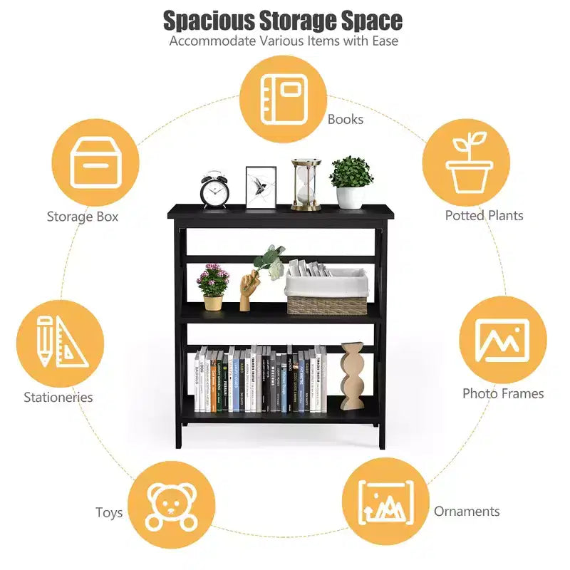Wooden Shelf Bookcase 3-Tier Open Bookshelf W/X-Design Freestanding Rack BlackBrownNaturalWhite