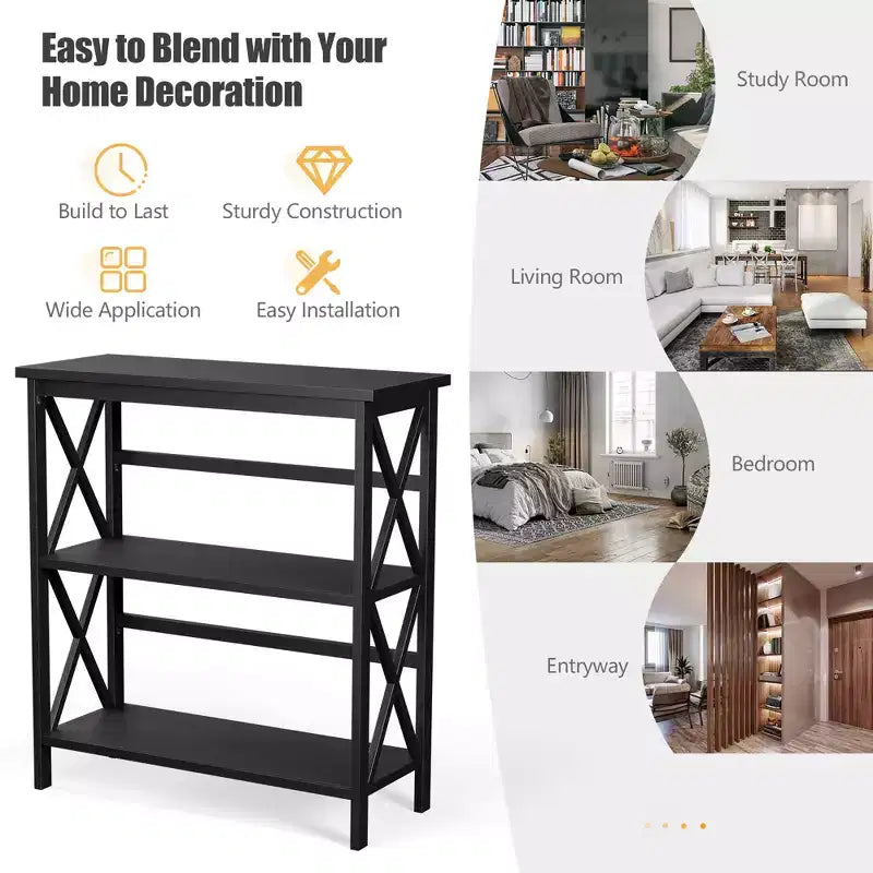 Wooden Shelf Bookcase 3-Tier Open Bookshelf W/X-Design Freestanding Rack BlackBrownNaturalWhite