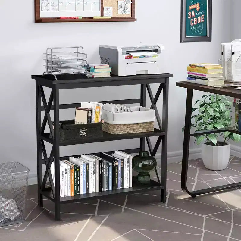 Wooden Shelf Bookcase 3-Tier Open Bookshelf W/X-Design Freestanding Rack BlackBrownNaturalWhite