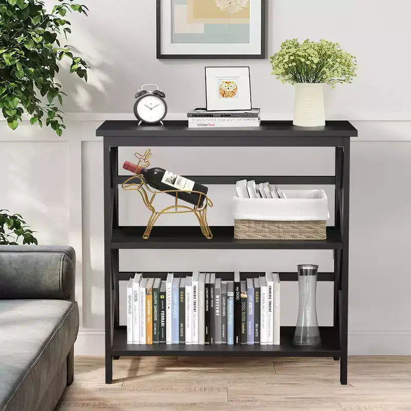 Wooden Shelf Bookcase 3-Tier Open Bookshelf W/X-Design Freestanding Rack BlackBrownNaturalWhite