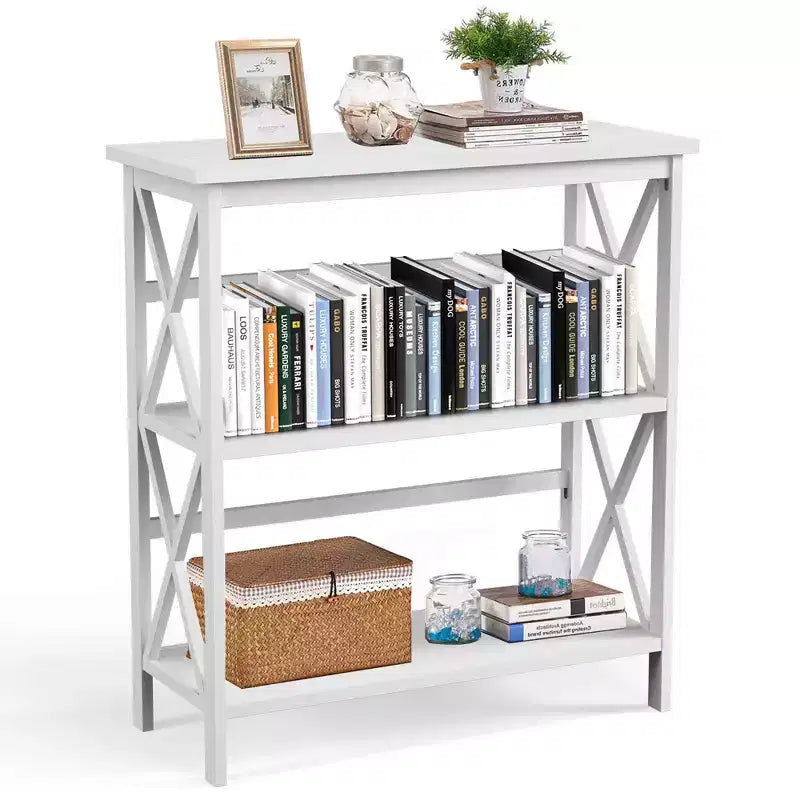 Wooden Shelf Bookcase 3-Tier Open Bookshelf W/X-Design Freestanding Rack BlackBrownNaturalWhite